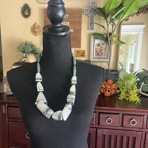 Anthropologie Beaded Green and White Faux Stone Statement Necklace